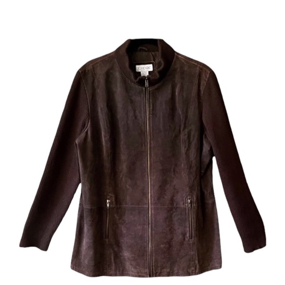 Genuine, brown leather suede jacket with knitted sleeves. Size 18 W. - Picture 1 of 6